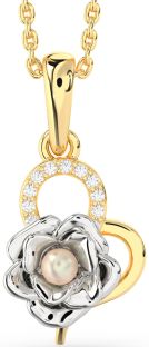 Diamond White Yellow Gold Pearl Heart Flower Necklace