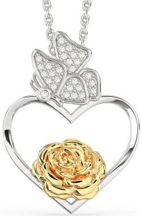 Diamond Silver & 10K gold Heart Flower Butterfly Necklace