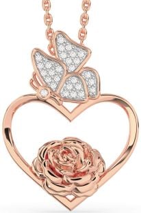 Diamond Rose Gold Heart Flower Butterfly Necklace