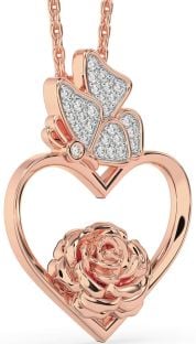 Diamond Rose Gold Heart Flower Butterfly Necklace