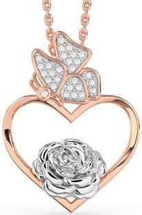 Diamond Platinum & Rose Gold Heart Flower Butterfly Necklace