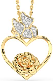 Diamond Gold Heart Flower Butterfly Necklace
