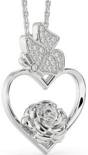 Diamond White Gold Heart Flower Butterfly Necklace
