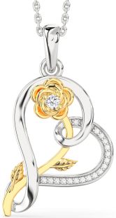 Diamond Silver & 10K gold Heart Flower Necklace