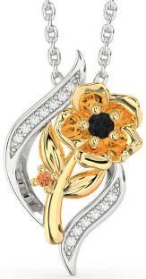 Black Diamond & Citrine Gold Silver Flower Necklace
