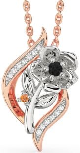 Black Diamond & Citrine Rose Gold Silver Flower Necklace
