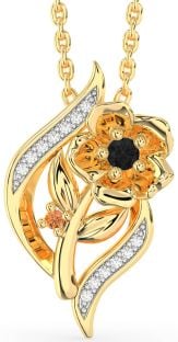 Black Diamond & Citrine Gold Silver Flower Necklace