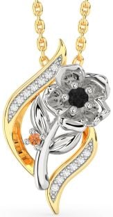 Black Diamond & Citrine Gold Silver Flower Necklace