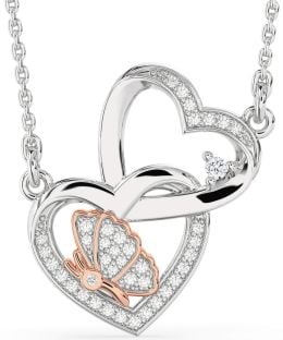 Diamond Platinum & Rose Gold Heart Butterfly Necklace