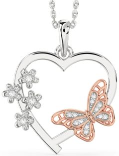Large Diamond White Rose Gold Heart Flower Butterfly Necklace