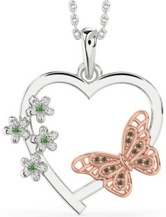 Large Green & Chocolate Brown Diamond Platinum & Rose Gold Heart Flower Butterfly Necklace