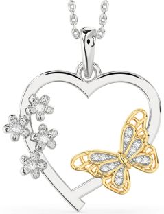 Large Diamond Silver & 10K gold Heart Flower Butterfly Necklace