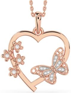 Large Diamond Rose Gold Heart Flower Butterfly Necklace