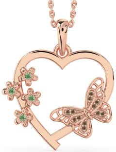 Large Green & Chocolate Brown Diamond Rose Gold Heart Flower Butterfly Necklace
