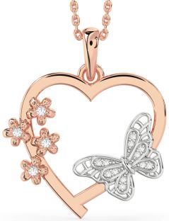 Large Diamond White Rose Gold Heart Flower Butterfly Necklace