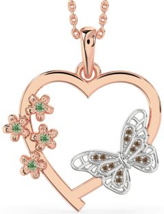 Large Green & Chocolate Brown Diamond Platinum & Rose Gold Heart Flower Butterfly Necklace