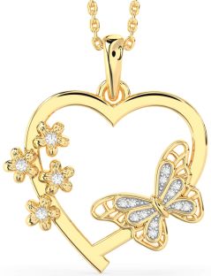 Large Diamond Gold Heart Flower Butterfly Necklace