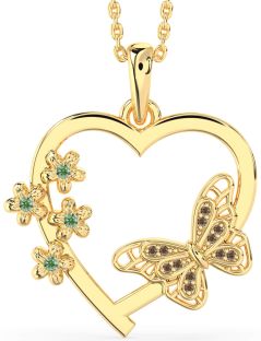 Large Green & Chocolate Brown Diamond Gold Heart Flower Butterfly Necklace