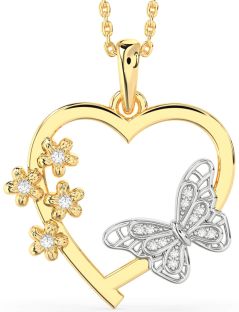 Large Diamond White Yellow Gold Heart Flower Butterfly Necklace