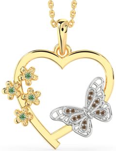Large Green & Chocolate Brown Diamond Platinum & Yellow Gold Heart Flower Butterfly Necklace