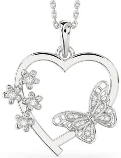 Large Diamond White Gold Heart Flower Butterfly Necklace