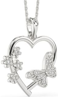 Large Diamond White Gold Heart Flower Butterfly Necklace