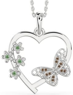 Large Green & Chocolate Brown Diamond Platinum Heart Flower Butterfly Necklace