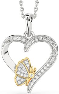 Diamond Silver & 10K gold Heart Butterfly Necklace