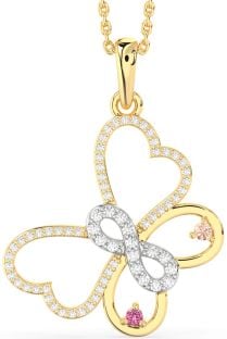 Large Diamond White Yellow Gold Butterfly Infinity Necklace