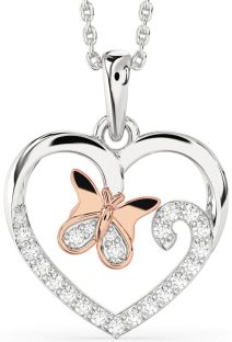 Diamond Platinum & Rose Gold Heart Butterfly Necklace