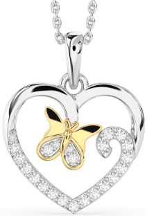 Diamond Silver & 10K gold Heart Butterfly Necklace