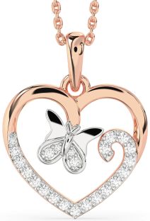 Diamond Platinum & Rose Gold Heart Butterfly Necklace