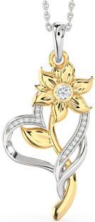 Large Diamond Silver & 10K gold Heart Flower Necklace