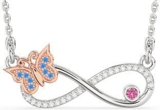 Large Diamond Swiss Blue Topaz & Pink Sapphire Rose Gold Silver Infinity Butterfly Necklace