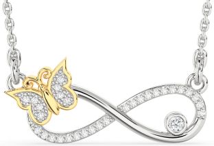 Large Diamond Silver & 10K gold Infinity Butterfly Necklace