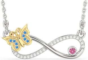 Large Diamond Swiss Blue Topaz & Pink Sapphire Gold Silver Infinity Butterfly Necklace