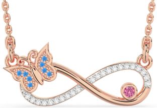 Large Diamond Swiss Blue Topaz & Pink Sapphire Rose Gold Silver Infinity Butterfly Necklace