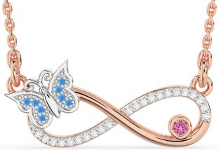 Large Diamond Swiss Blue Topaz & Pink Sapphire Rose Gold Silver Infinity Butterfly Necklace