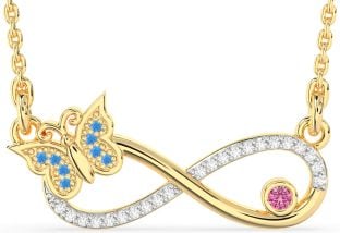 Large Diamond Swiss Blue Topaz & Pink Sapphire Gold Silver Infinity Butterfly Necklace