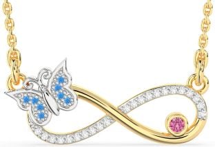 Large Diamond Swiss Blue Topaz & Pink Sapphire Gold Silver Infinity Butterfly Necklace