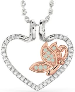 Diamond & Opal Silver & 10K Rose Gold Heart Butterfly Necklace