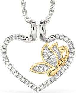 Diamond Silver & 10K gold Heart Butterfly Necklace