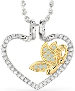 Diamond & Opal Silver & 10K gold Heart Butterfly Necklace