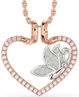 Diamond & Opal White Rose Gold Heart Butterfly Necklace