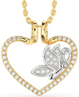 Diamond White Yellow Gold Heart Butterfly Necklace