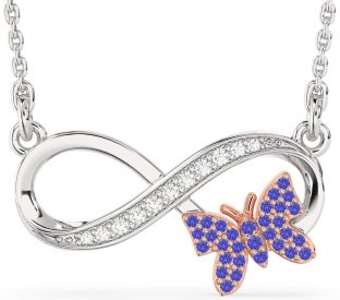Large Diamond & Tanzanite Rose Gold Silver Infinity Butterfly Necklace