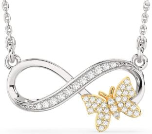 Large Diamond Silver & 10K gold Infinity Butterfly Necklace