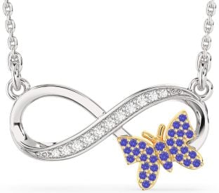 Large Diamond & Tanzanite Gold Silver Infinity Butterfly Necklace