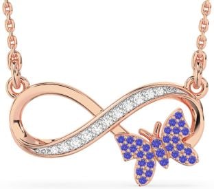 Large Diamond & Tanzanite Rose Gold Silver Infinity Butterfly Necklace