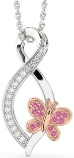 Diamond & Pink Sapphire Silver & 10K Rose Gold Infinity Butterfly Necklace